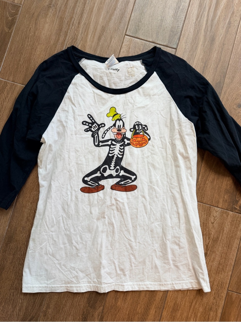 Disney White and Black Goofy Skeleton Baseball Tee with Pumpkin